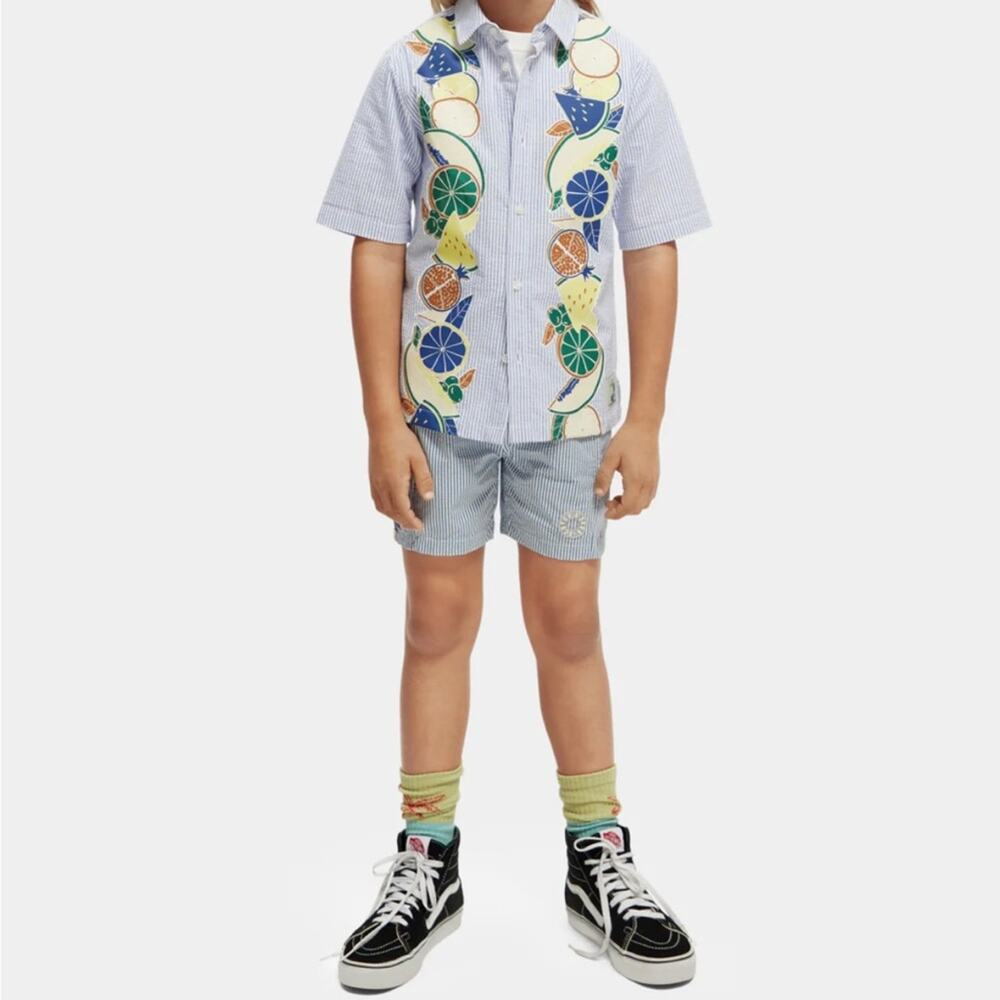 NWT Scotch & Soda Blue Pinstripe Seersucker Tropical Fruit Short Sleeve Shirt 12